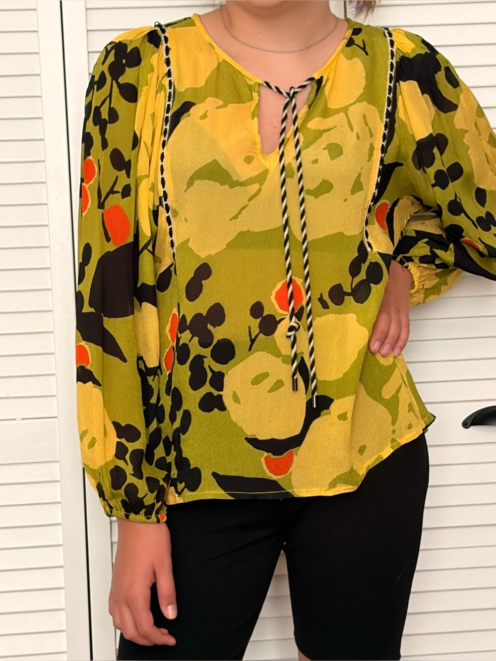 Anthropologie Black and Orange Relaxed Tie Front Blouse